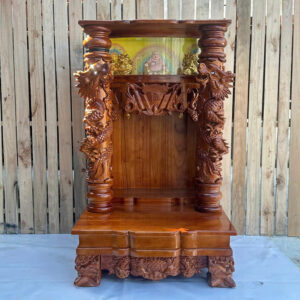 Bàn Thờ Thần Tài Gỗ Gõ Đỏ Cột Trơn – Chạm Rồng Cao Cấp, Sang Trọng, Chuẩn Phong Thuỷ