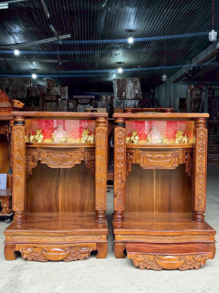 Bàn Thờ Gỗ Tràm Ngang 60 Chạm Đồng Tiền Có Kính – Đẹp, Bền, Chuẩn Phong Thuỷ