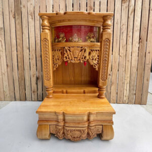 Bàn Thờ Thần Tài Mái Cong Gỗ Tự Nhiên 48x46x81 – Chạm Chữ Phúc Đẹp, Chuẩn Phong Thủy