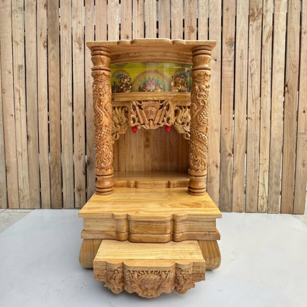 Bàn Thờ Thần Tài Gỗ Tự Nhiên Chạm Rồng 2 Tầng Có Kính – Cao Cấp, Sang Trọng – 48×46×81