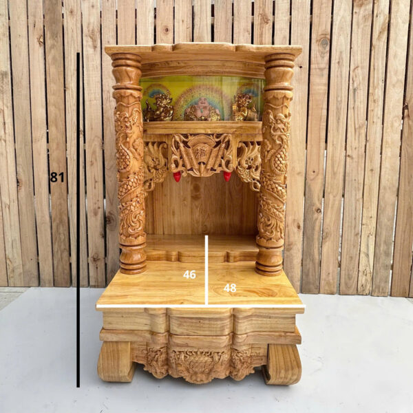 Bàn Thờ Thần Tài Gỗ Tự Nhiên Chạm Rồng 2 Tầng Có Kính – Cao Cấp, Sang Trọng – 48×46×81