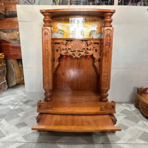 Bàn thờ Thần Tài gỗ gõ đỏ chạm chữ Phúc đẹp, bền, chuẩn phong thuỷ